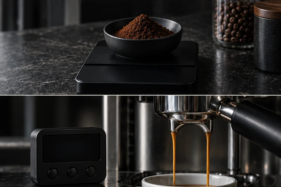 Café molido pesado en báscula y extracción de un espresso doble